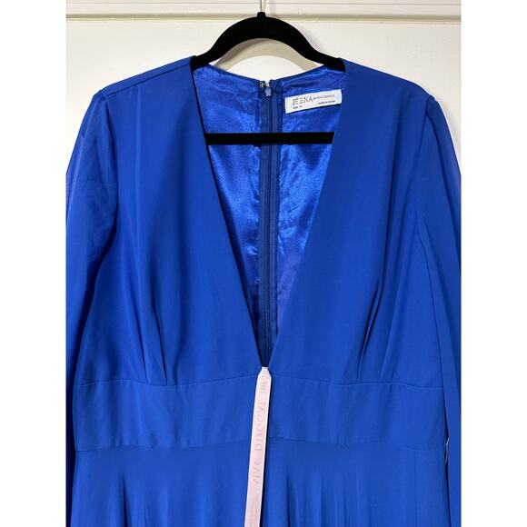 Ieena For Mac Duggal V-Neck Illusion Long Sleeve Chiffon Gown Size 14  NWOT Blue - Picture 4 of 16